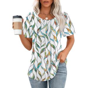 imageOFEEFAN Womens T Shirts Short Sleeve Pleated Dressy Casual Scooped Neck Summer Tops Blouses1multi Leaf