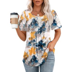 imageOFEEFAN Womens T Shirts Short Sleeve Pleated Dressy Casual Scooped Neck Summer Tops Blouses1multi Teal