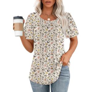 imageOFEEFAN Womens T Shirts Short Sleeve Pleated Dressy Casual Scooped Neck Summer Tops Blouses2floral Beige
