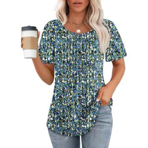 imageOFEEFAN Womens T Shirts Short Sleeve Pleated Dressy Casual Scooped Neck Summer Tops Blouses2floral Blue
