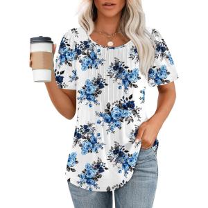 imageOFEEFAN Womens T Shirts Short Sleeve Pleated Dressy Casual Scooped Neck Summer Tops Blouses2floral Greyblue