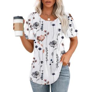 imageOFEEFAN Womens T Shirts Short Sleeve Pleated Dressy Casual Scooped Neck Summer Tops Blouses2floral Light Grey