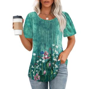imageOFEEFAN Womens T Shirts Short Sleeve Pleated Dressy Casual Scooped Neck Summer Tops Blouses2floral Lotus