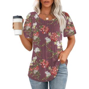 imageOFEEFAN Womens T Shirts Short Sleeve Pleated Dressy Casual Scooped Neck Summer Tops Blouses2floral Mauve