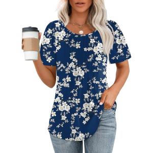 imageOFEEFAN Womens T Shirts Short Sleeve Pleated Dressy Casual Scooped Neck Summer Tops Blouses2floral Navy