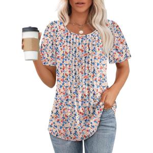 imageOFEEFAN Womens T Shirts Short Sleeve Pleated Dressy Casual Scooped Neck Summer Tops Blouses2floral Pink
