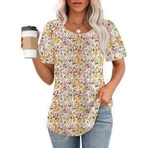 imageOFEEFAN Womens T Shirts Short Sleeve Pleated Dressy Casual Scooped Neck Summer Tops Blouses2floral Red