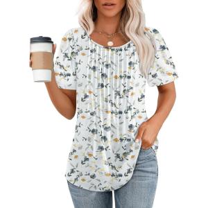 imageOFEEFAN Womens T Shirts Short Sleeve Pleated Dressy Casual Scooped Neck Summer Tops Blouses2floral White