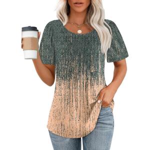 imageOFEEFAN Womens T Shirts Short Sleeve Pleated Dressy Casual Scooped Neck Summer Tops Blouses3tiedye Coral