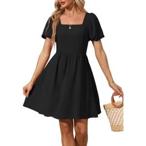 imageWomen Puff Sleeve Square Neck Tie in Back Dresses with ZipperA Black