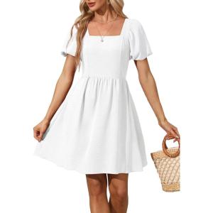 imageWomen Puff Sleeve Square Neck Tie in Back Dresses with ZipperA White