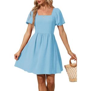 imageWomen Puff Sleeve Square Neck Tie in Back Dresses with ZipperBaby Blue
