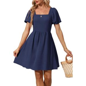 imageWomen Puff Sleeve Square Neck Tie in Back Dresses with ZipperNavy Blue