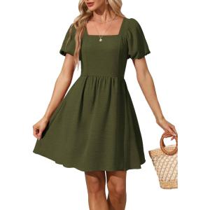 imageWomen Puff Sleeve Square Neck Tie in Back Dresses with ZipperOlive Green