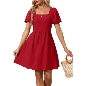 imageWomen Puff Sleeve Square Neck Tie in Back Dresses with ZipperRed