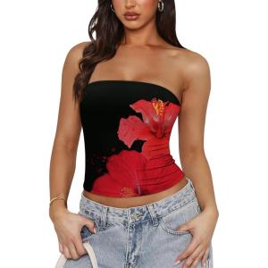 imageOFEEFAN Tube Tops for Women Floral Printed Summer Beach Vacation Outfits 2025 Ttrendy FashionAfloral Red H
