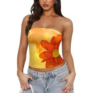 imageOFEEFAN Tube Tops for Women Floral Printed Summer Beach Vacation Outfits 2025 Ttrendy FashionAfloral Yellow I