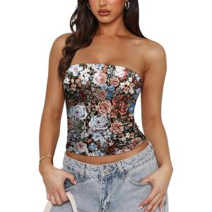 imageOFEEFAN Tube Tops for Women Floral Printed Summer Beach Vacation Outfits 2025 Ttrendy FashionBfloral Black D
