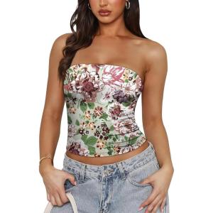 imageOFEEFAN Tube Tops for Women Floral Printed Summer Beach Vacation Outfits 2025 Ttrendy FashionBfloral Green
