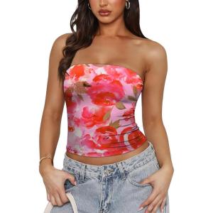imageOFEEFAN Tube Tops for Women Floral Printed Summer Beach Vacation Outfits 2025 Ttrendy FashionBfloral Pink E