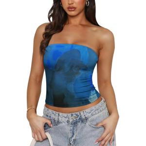 imageOFEEFAN Tube Tops for Women Floral Printed Summer Beach Vacation Outfits 2025 Ttrendy FashionCtie Dye Blue A1