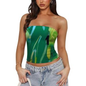 imageOFEEFAN Tube Tops for Women Floral Printed Summer Beach Vacation Outfits 2025 Ttrendy FashionCtie Dye Green