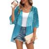 imageOFEEFAN Beach Cover Ups for Women 34 Length Sleeve Womens Tops Summer Cardigan Casual Blouses Loose FitBlue Striped