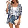 imageOFEEFAN Beach Cover Ups for Women 34 Length Sleeve Womens Tops Summer Cardigan Casual Blouses Loose FitFloral Blue Yellow