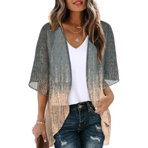 imageOFEEFAN Beach Cover Ups for Women 34 Length Sleeve Womens Tops Summer Cardigan Casual Blouses Loose FitB Grey Coral