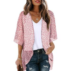 imageOFEEFAN Beach Cover Ups for Women 34 Length Sleeve Womens Tops Summer Cardigan Casual Blouses Loose FitB Pink Dot