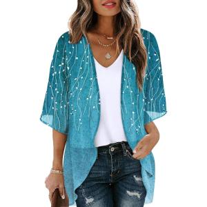 imageOFEEFAN Beach Cover Ups for Women 34 Length Sleeve Womens Tops Summer Cardigan Casual Blouses Loose FitBlue Striped