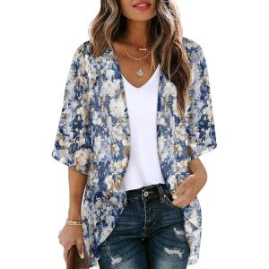imageOFEEFAN Beach Cover Ups for Women 34 Length Sleeve Womens Tops Summer Cardigan Casual Blouses Loose FitFloral Blue Yellow