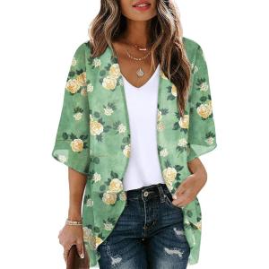 imageOFEEFAN Beach Cover Ups for Women 34 Length Sleeve Womens Tops Summer Cardigan Casual Blouses Loose FitGreen Yellow Rose