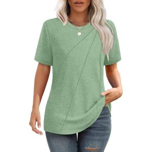 imageOFEEFAN Shirts for Women Short Sleeve Tops Pleated Crew Neck Casual Summer Fashion Tops Loose FitGreen