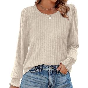imageOFEEFAN Womens Tops Dressy Casual Long Sleeve Shirts for Women Business Casual Outfits Lightweight Fall Sweaters WarmBeige