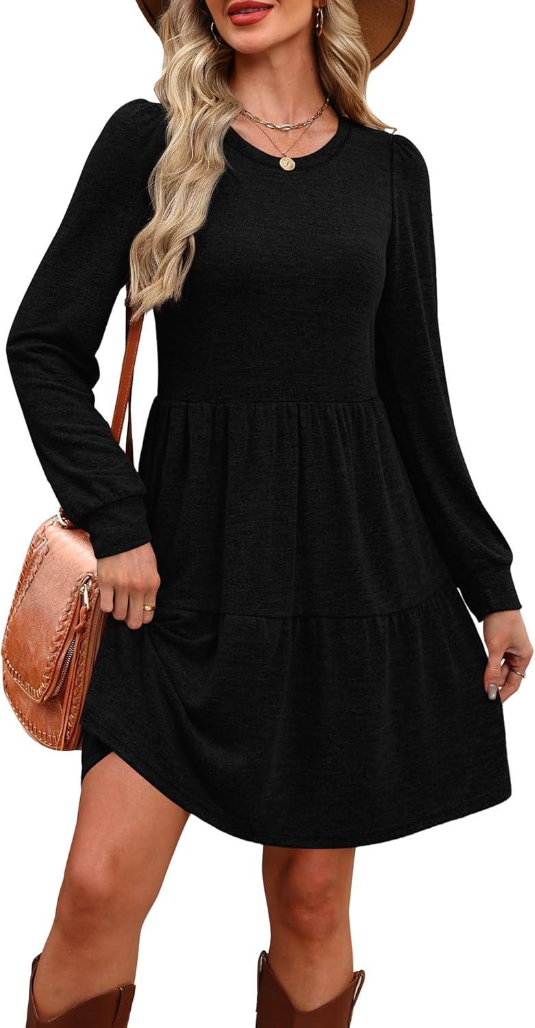imageOFEEFAN Womens Long Sleeve Fall Dresses with Pockets Crew Neck Babydoll Casual Winter Dress 2025Black