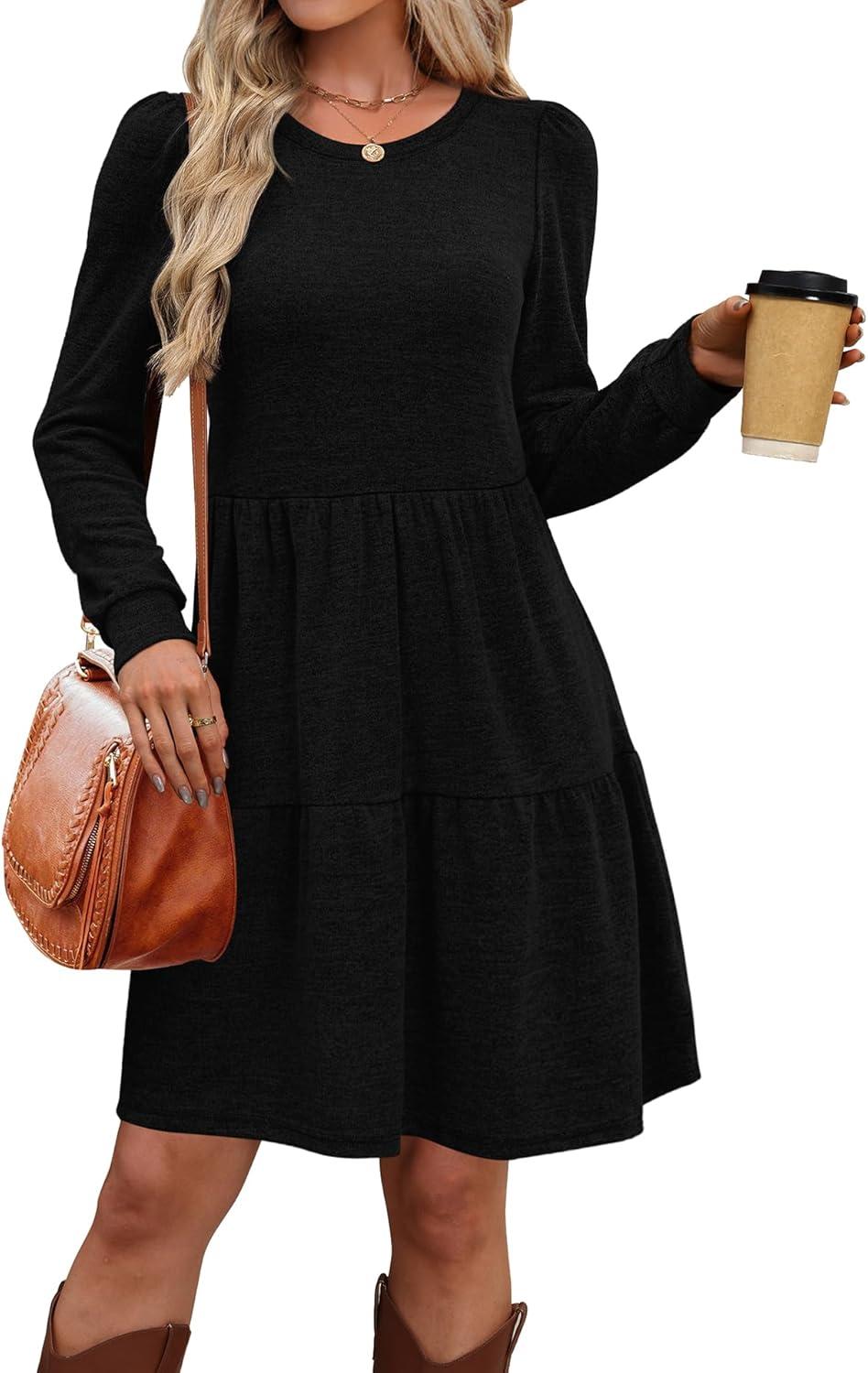 imageOFEEFAN Womens Long Sleeve Fall Dresses with Pockets Crew Neck Babydoll Casual Winter Dress 2025Black