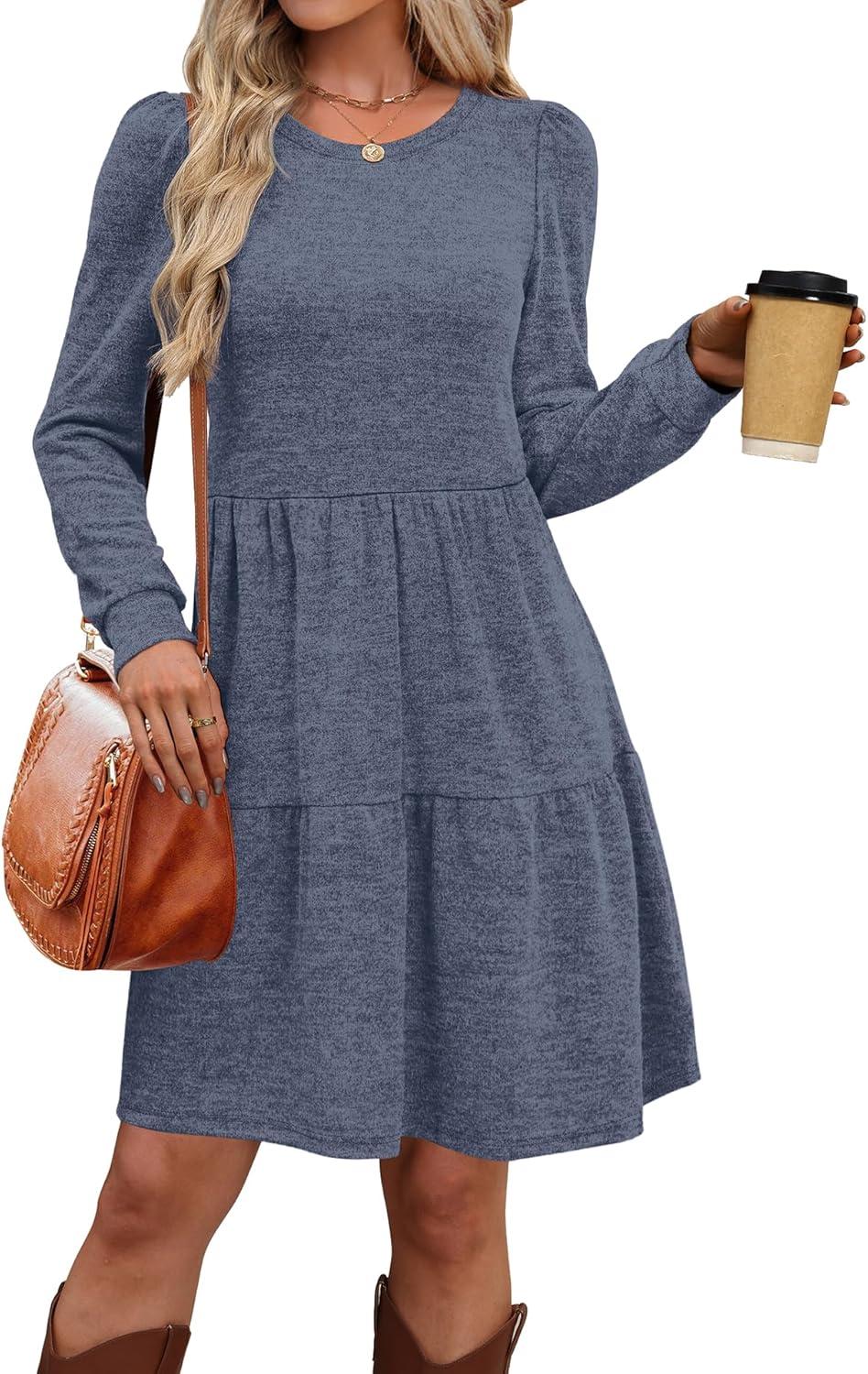 imageOFEEFAN Womens Long Sleeve Fall Dresses with Pockets Crew Neck Babydoll Casual Winter Dress 2025Blue