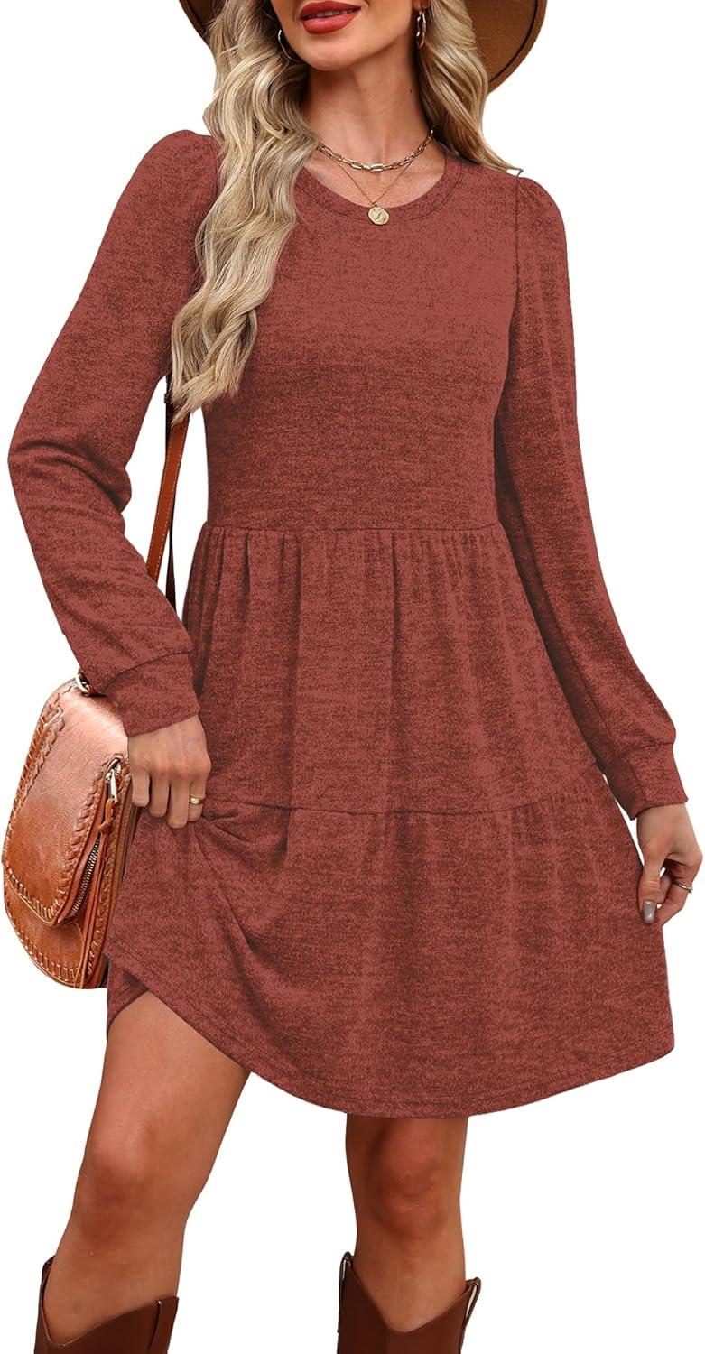 imageOFEEFAN Womens Long Sleeve Fall Dresses with Pockets Crew Neck Babydoll Casual Winter Dress 2025Caramel