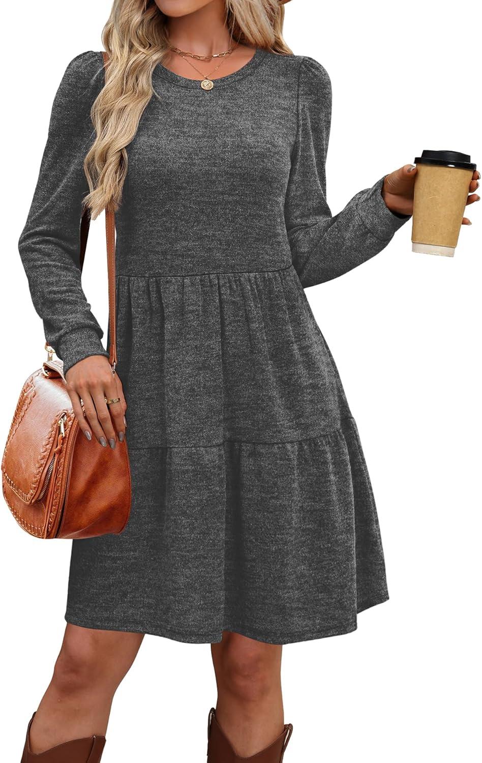 imageOFEEFAN Womens Long Sleeve Fall Dresses with Pockets Crew Neck Babydoll Casual Winter Dress 2025Dark Grey