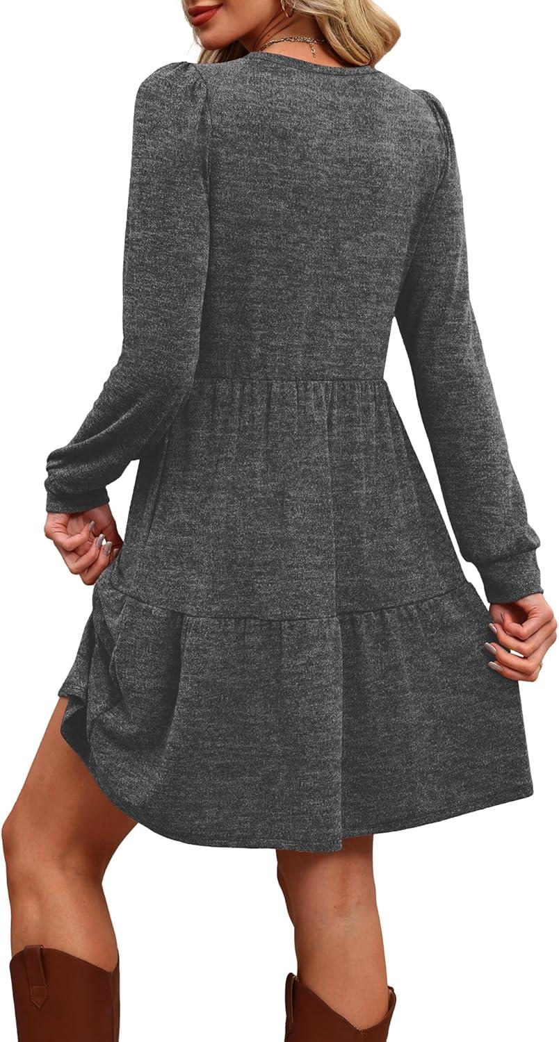 imageOFEEFAN Womens Long Sleeve Fall Dresses with Pockets Crew Neck Babydoll Casual Winter Dress 2025Dark Grey
