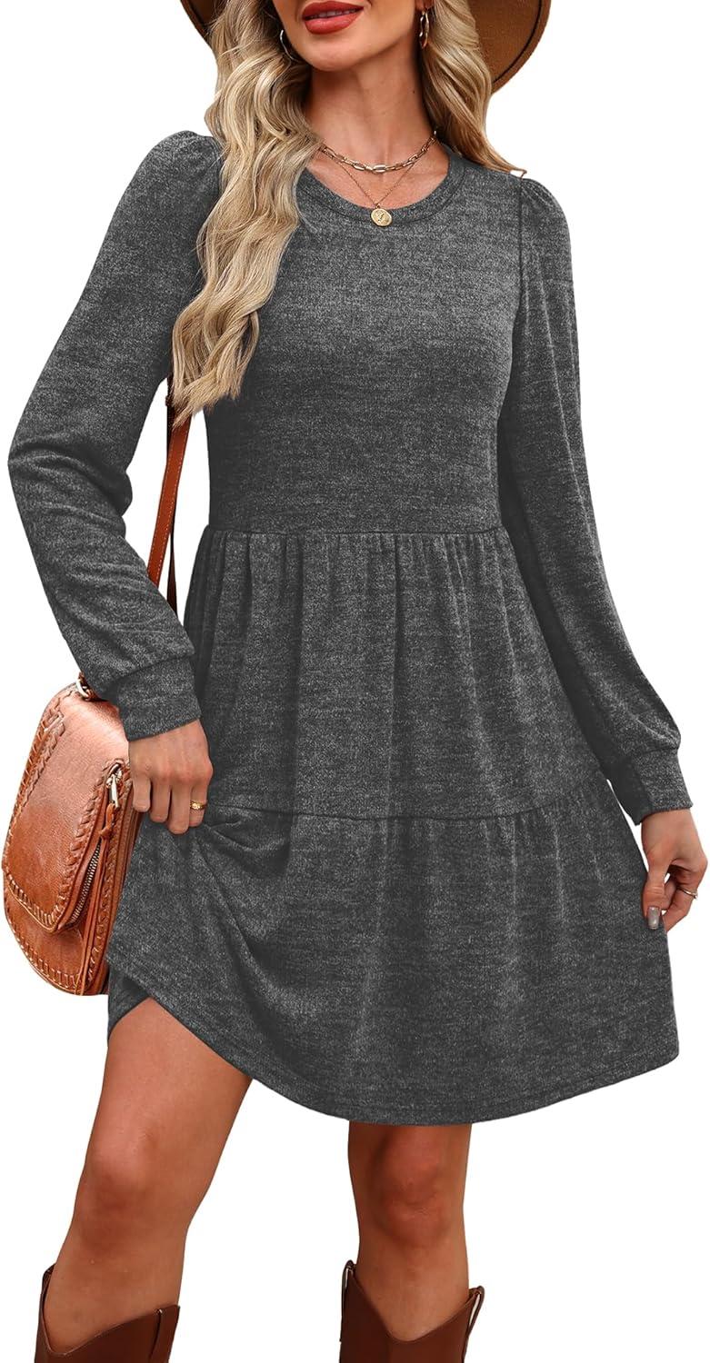 imageOFEEFAN Womens Long Sleeve Fall Dresses with Pockets Crew Neck Babydoll Casual Winter Dress 2025Dark Grey