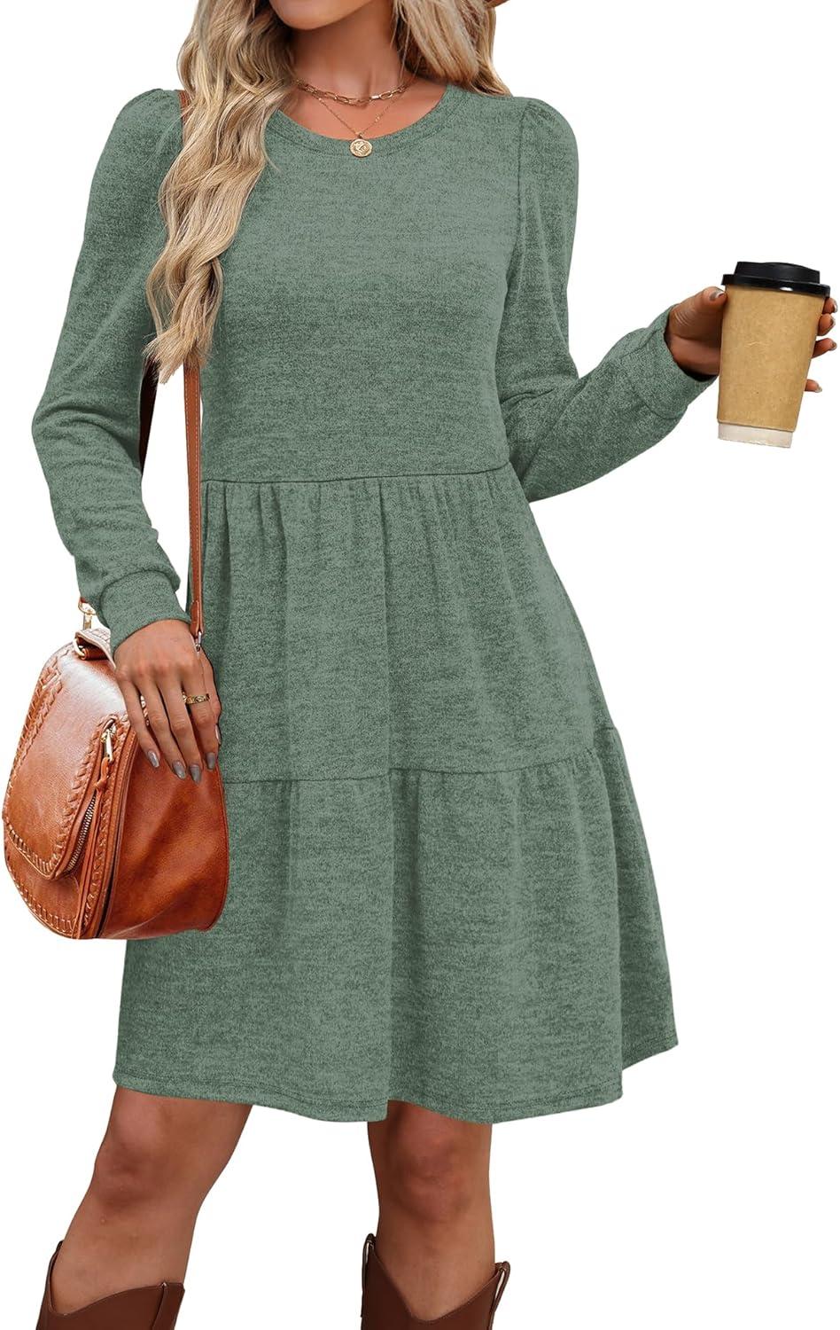 imageOFEEFAN Womens Long Sleeve Fall Dresses with Pockets Crew Neck Babydoll Casual Winter Dress 2025Green