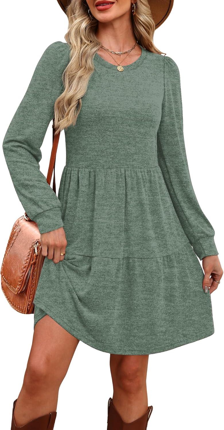imageOFEEFAN Womens Long Sleeve Fall Dresses with Pockets Crew Neck Babydoll Casual Winter Dress 2025Green