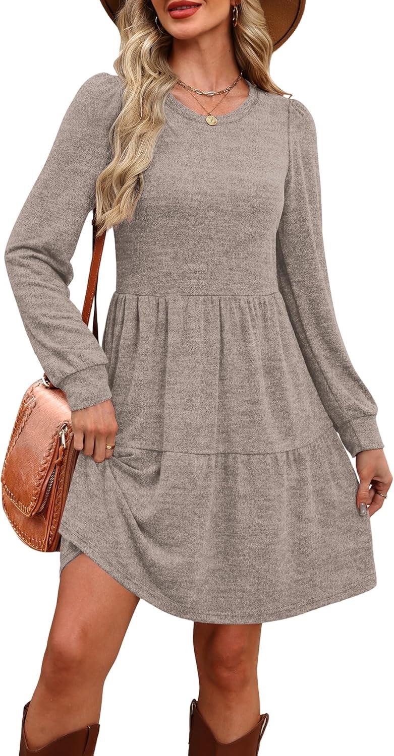 imageOFEEFAN Womens Long Sleeve Fall Dresses with Pockets Crew Neck Babydoll Casual Winter Dress 2025Khaki