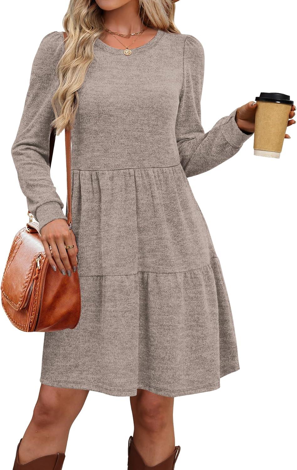 imageOFEEFAN Womens Long Sleeve Fall Dresses with Pockets Crew Neck Babydoll Casual Winter Dress 2025Khaki