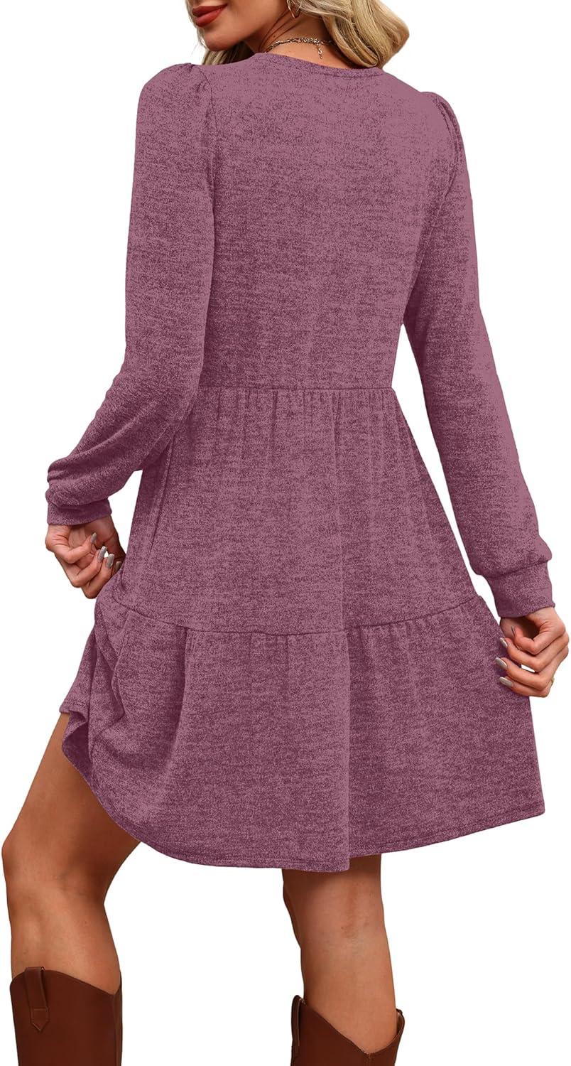 imageOFEEFAN Womens Long Sleeve Fall Dresses with Pockets Crew Neck Babydoll Casual Winter Dress 2025Purple