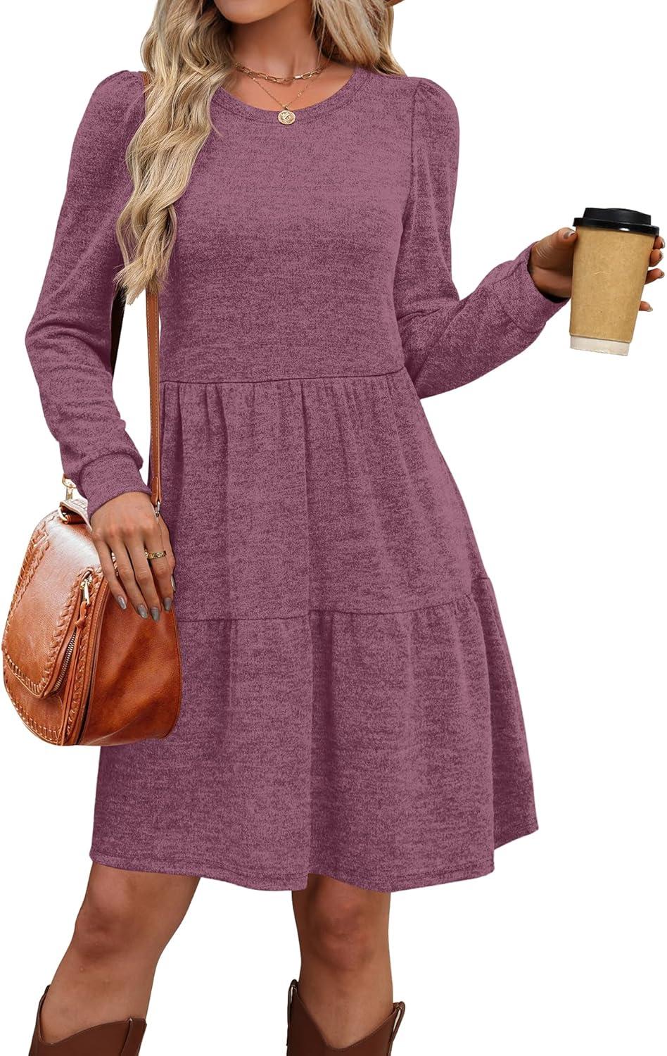 imageOFEEFAN Womens Long Sleeve Fall Dresses with Pockets Crew Neck Babydoll Casual Winter Dress 2025Purple