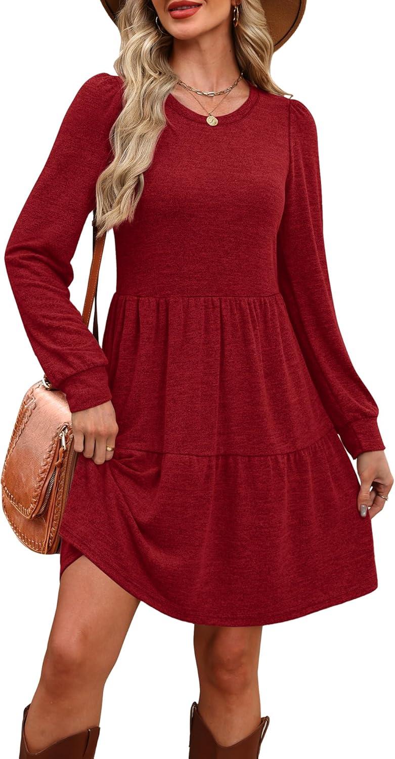 imageOFEEFAN Womens Long Sleeve Fall Dresses with Pockets Crew Neck Babydoll Casual Winter Dress 2025Red