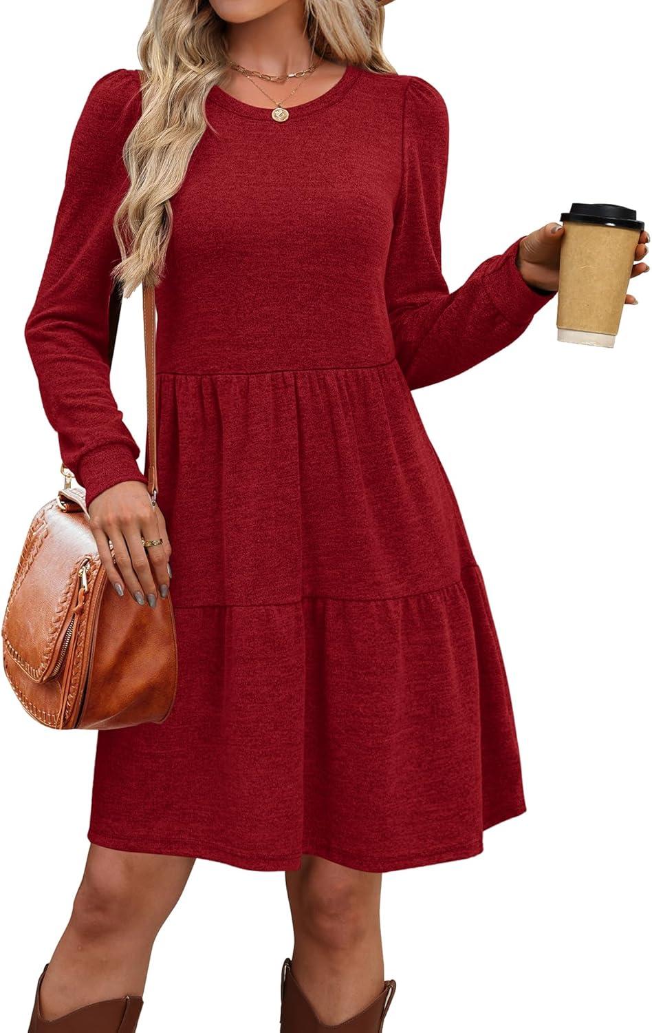 imageOFEEFAN Womens Long Sleeve Fall Dresses with Pockets Crew Neck Babydoll Casual Winter Dress 2025Red